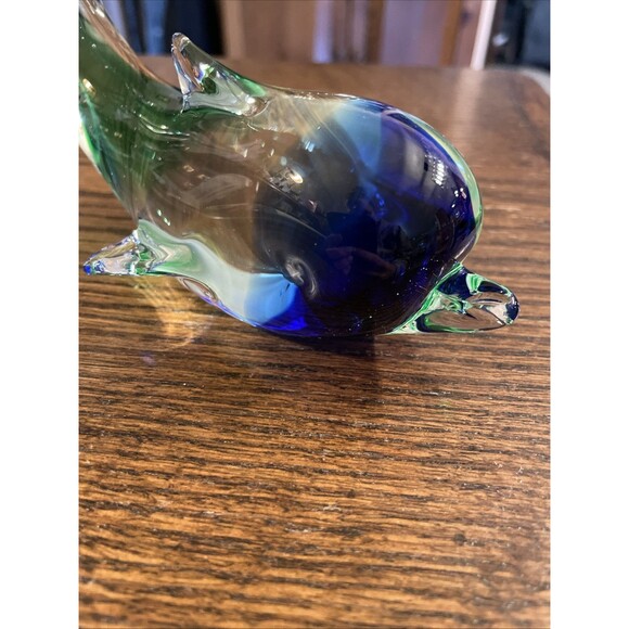 Dolphin Hand Blown Blue and Green Glass Paperweight Tail Up Heavy Vintage - Picture 6 of 6